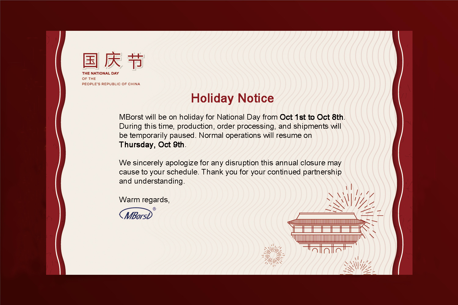 Holiday Notice: Oct 1–8, 2025